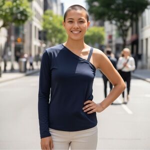 NWT Yigal Azrouel Blue Slinky Viscose crepe one shoulder top- Size 12